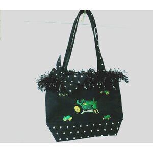 Black & White Fabric Purse w/ Embroidered Green Tractors Fun Fringe
